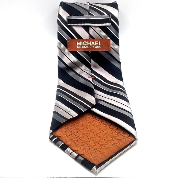 Michael Kors Men's Tie Black Gray White Diagonal Striped 100% Silk Necktie 59"L - Picture 7 of 11
